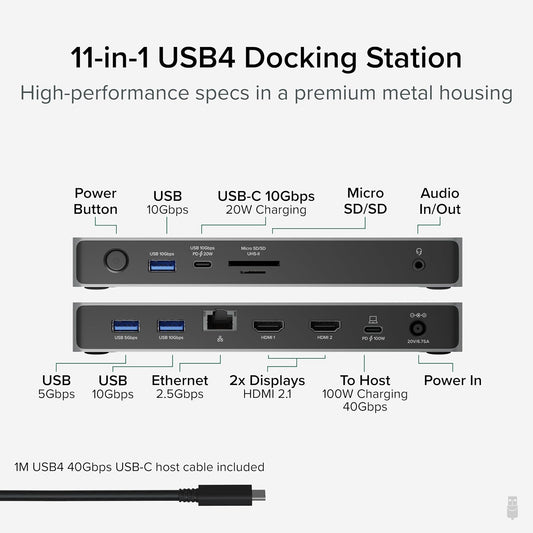 Plugable USB C Docking Station Dual Monitor, 11-in-1, USB4 40G 100W Laptop Charging Dock for Windows and Thunderbolt, 4K HDMI 2.1 upto 120Hz, 2.5Gbps Ethernet, SD Reader, 20W USB-C Charging Driverless