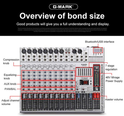 G-MARK GMX1200 DJ Mixer 12 Channel Professional Audio Mixer USB Mixing Console Music Studio 8 Mono 4 Stereo 7 Band EQ 16 Effect Podcast Streaming Audio Interface