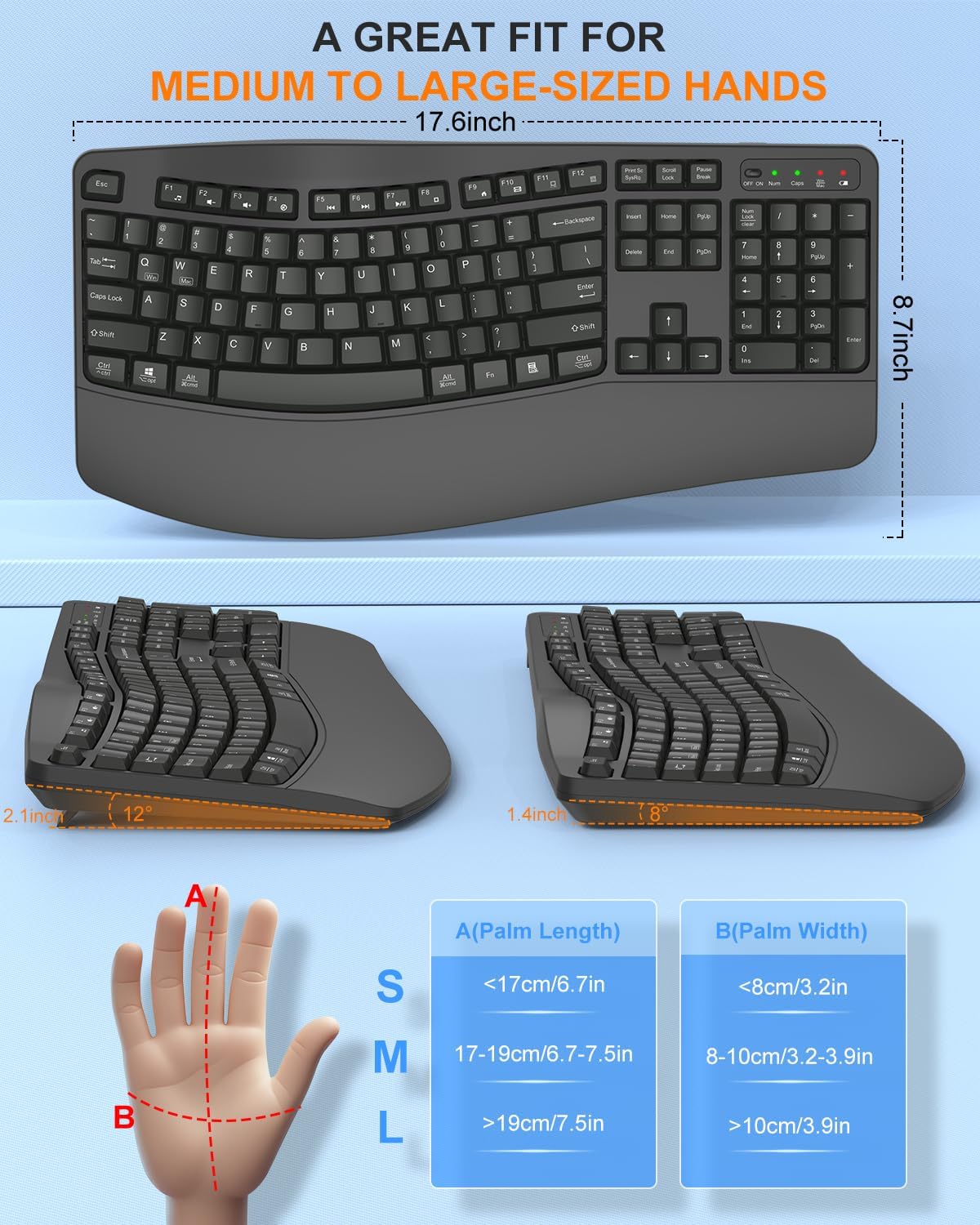 EDJO Ergonomic Wireless Keyboard for Large Hands, with Wrist Rest, Wave Keys, 2.4GHz Full Size Ergo Cordless USB Computer Keyboard, Comfortable Natural Typing, for Laptop, Mac, Windows (Gray)