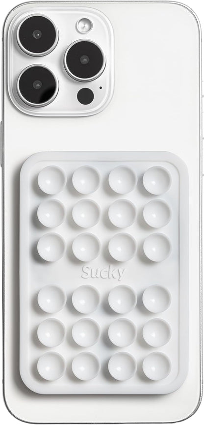 SUCKY Silicone Suction Phone Case Adhesive Mount - Anti-Slip Holder, Hands-Free Fidget Toy, Phone Accessory for iPhone and Android (Crystal White, Magnetic)