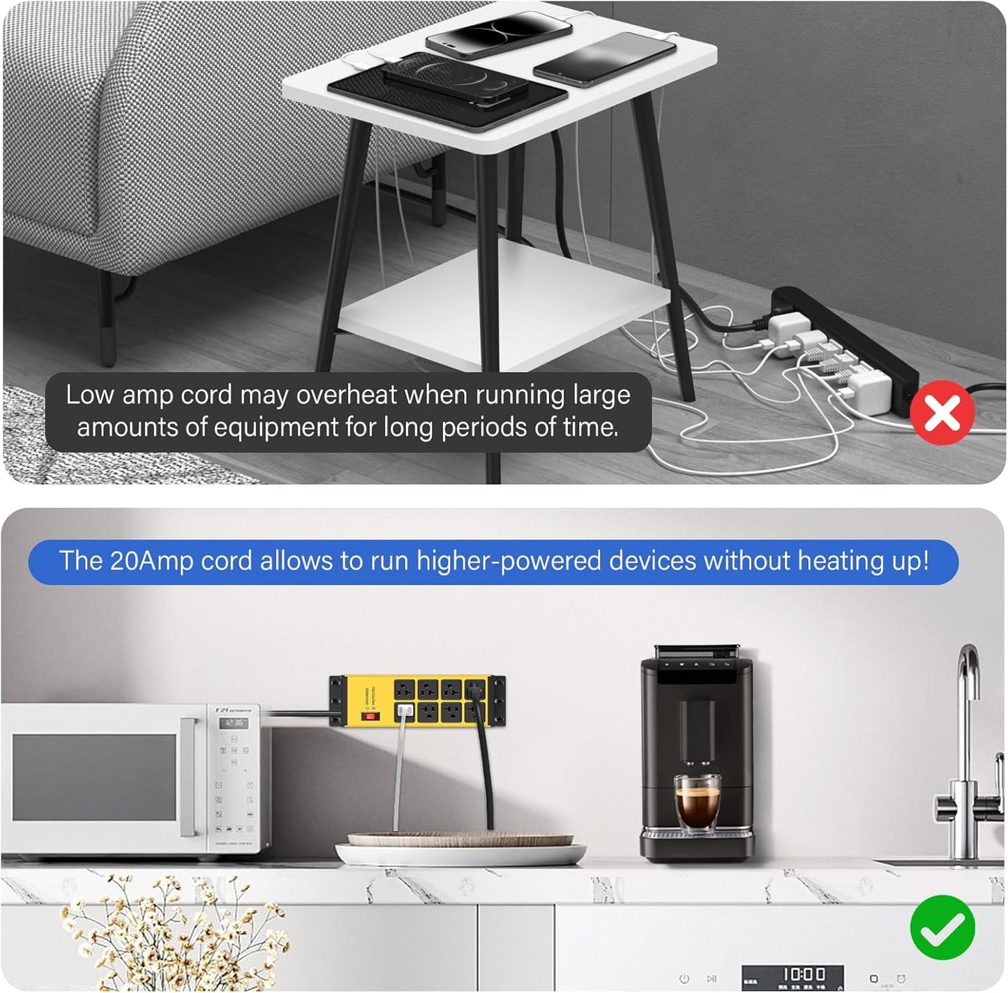 CCCEI Yellow Heavy Duty Power Strip Surge Protector 20 AMP, 8 Outlets 12 Gauge Industrial Shop Garage Metal Multiple Outlets, 15FT Extension Cord 5-15P Adapter High Amp 6-20R T-Slot 20a for Appliance