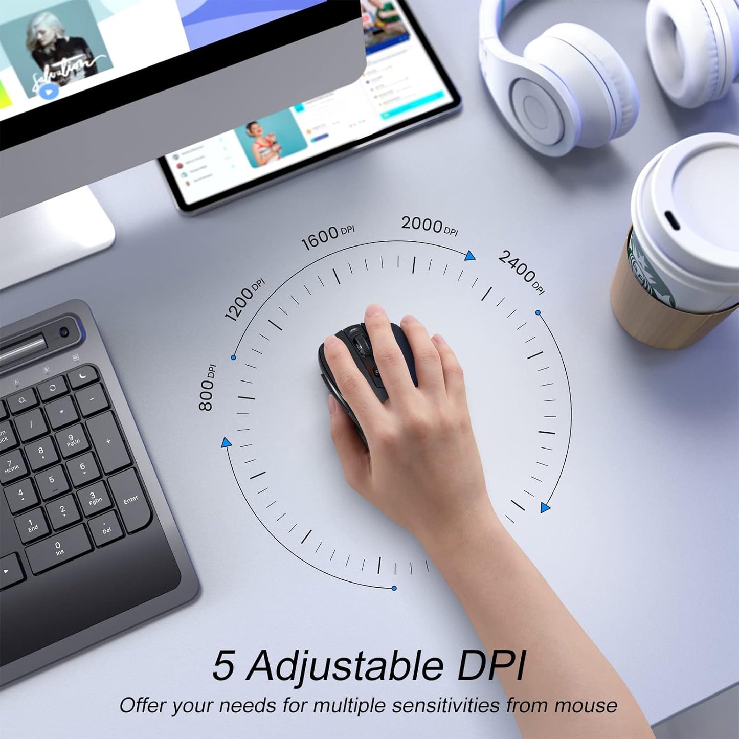 Wireless Mouse, D-09 Computer Mouse USB Cordless Mice for Laptop, Ergo Grips, Lightspeed 5-Level 2400 DPI, 16 Months Battery, Portable for PC Mac Chromebook (Bluetooth, 1 Pack)