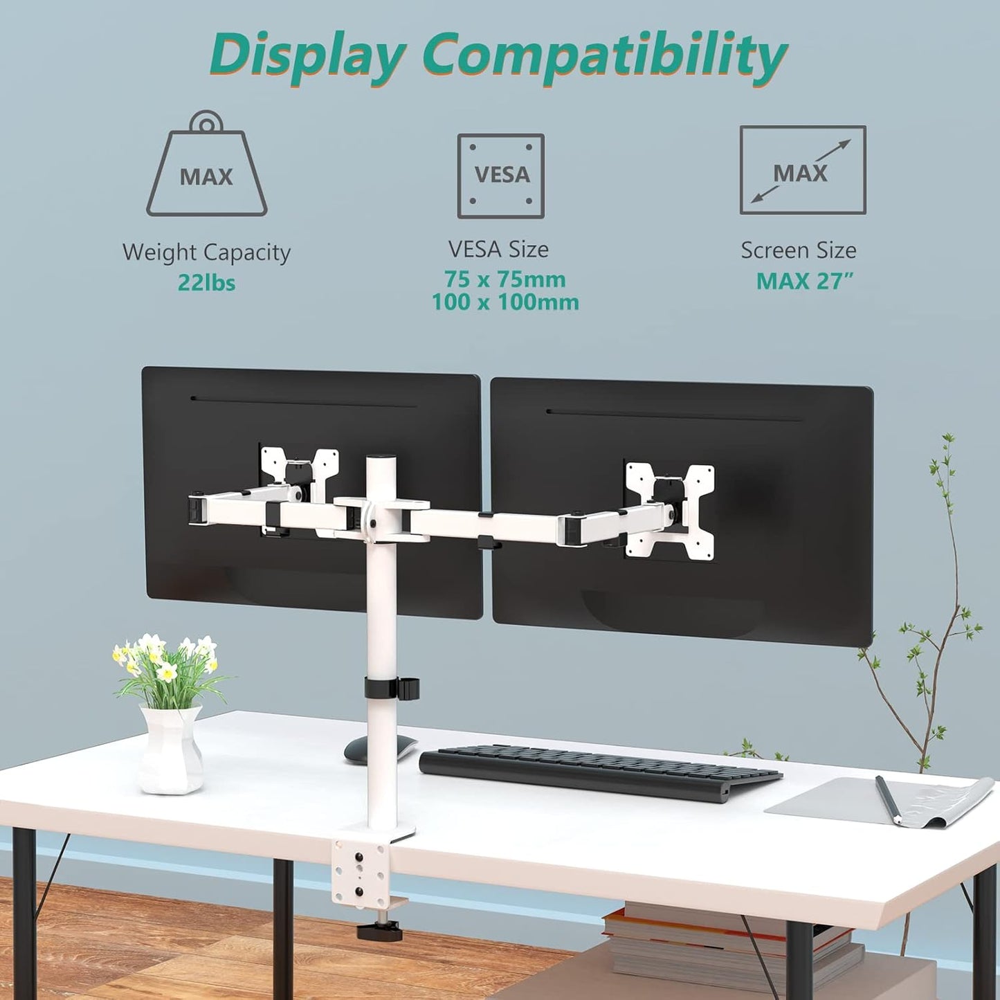 WALI Dual LCD Monitor Fully Adjustable Desk Mount Stand Fits 2 Screens up to 27 inch, 22 lbs. Weight Capacity per Arm (M002-W), White