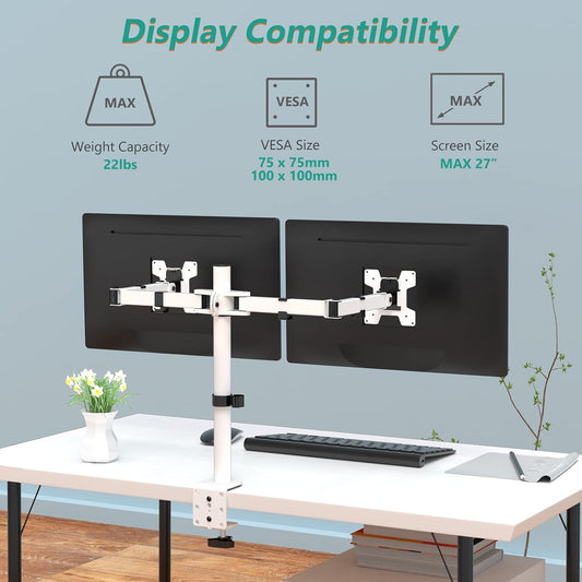 WALI Dual LCD Monitor Fully Adjustable Desk Mount Stand Fits 2 Screens up to 27 inch, 22 lbs. Weight Capacity per Arm (M002-W), White