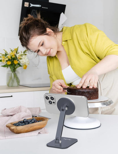 Magnetic Phone Stand for MagSafe Adjustable - Aluminum Portable Phone Holder for Desk with 360° Rotating Head Compatible with iPhone 16/15/14/13/12 Pro Max and Magnetic Phone Case, Grey