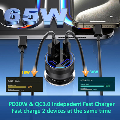 Car Charger USB C, 2Pack 4-Port 65W Cigarette Lighter USB Charger Fast Charging,Dual USB-C & USB-A Car Phone Charger Adapter Accessories for iPhone 16e 16 15 14 13 Pro Max,iPad,Samsung,Tablet,Android