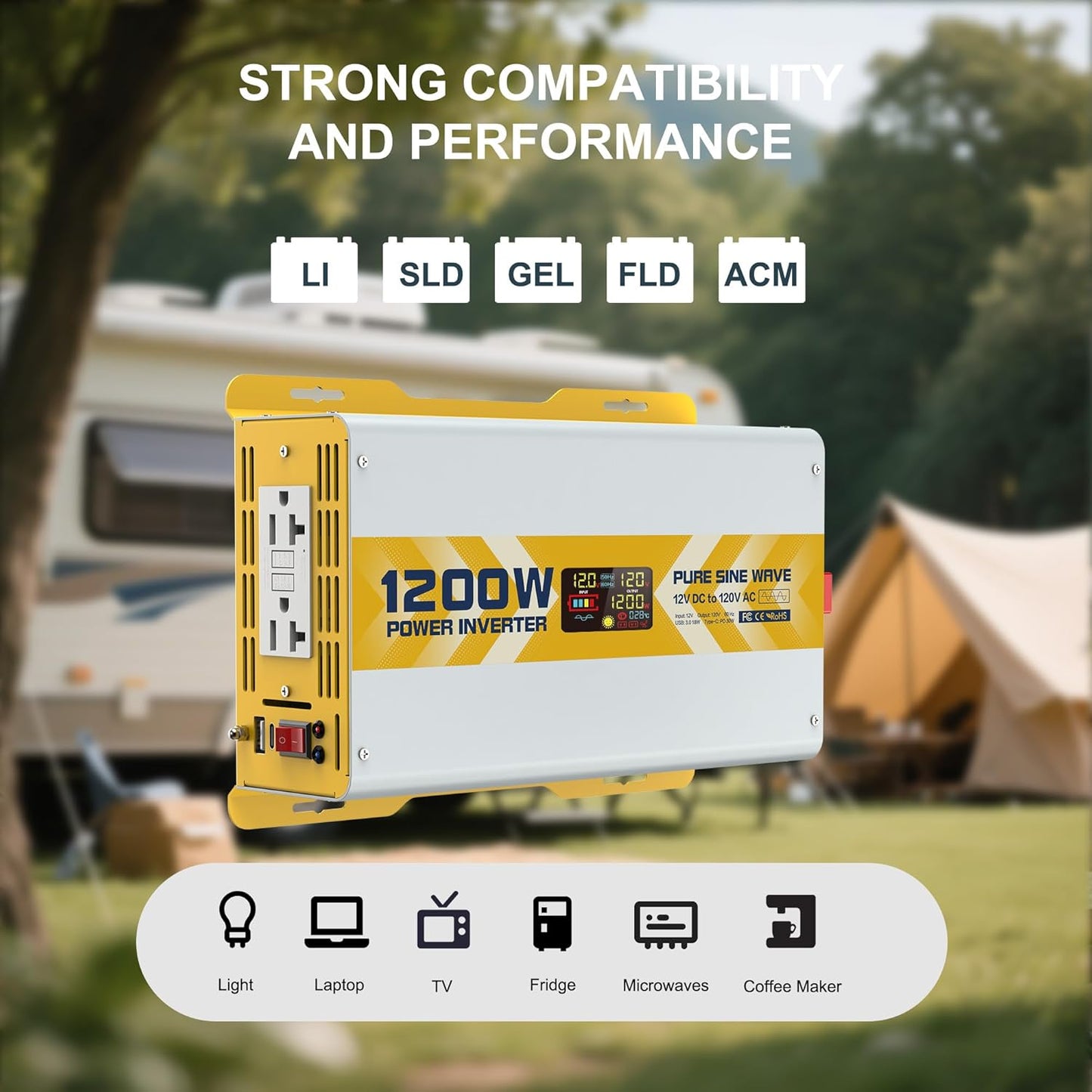 XWJNE 1200W Pure Sine Wave Power Inverter 12V DC to 120V GFCI AC Converter with LCD Display for Home, RV, Truck, Off-Grid Solar Power