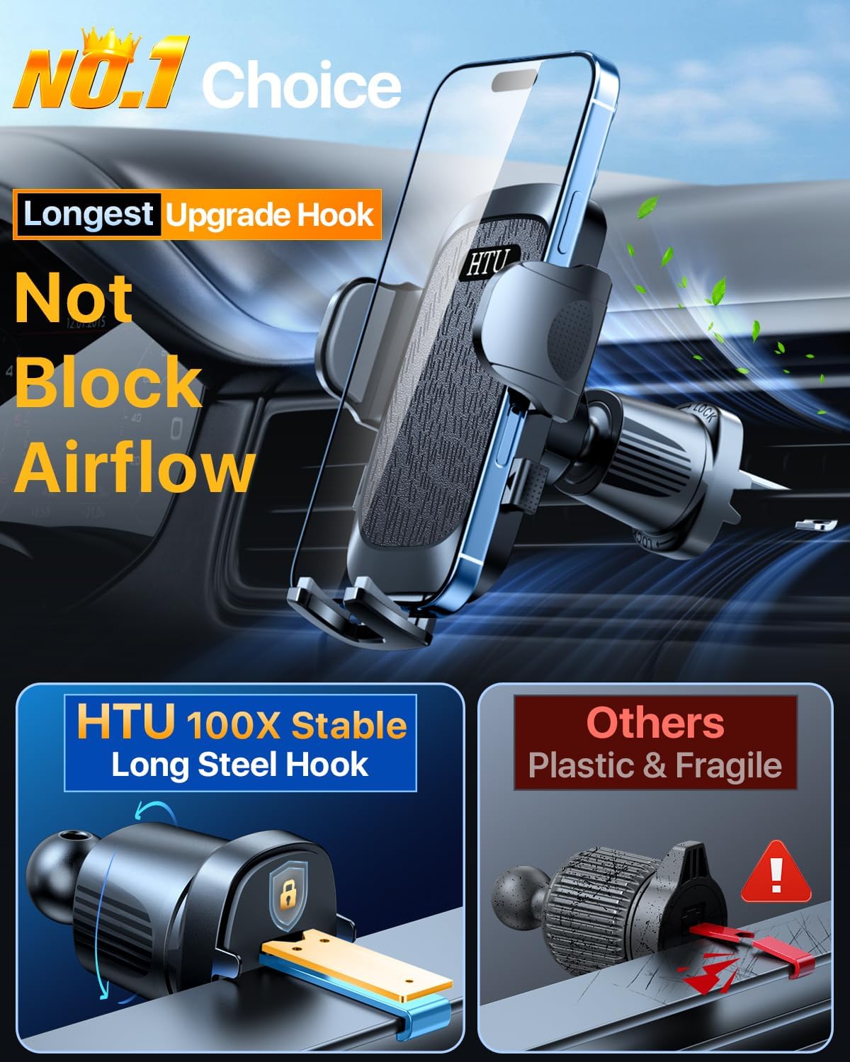 [2025 True Military-Grade] Car Phone Holder [Upgraded Strongest Suction & Clip] Cell Phone Mount for Dashboard Windshield Vent,Truck Cradle Stand for iPhone 16 Pro Max Samsung Android (Black)