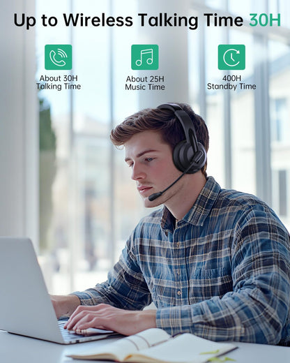 Wireless Headset with Mic for Work with AI Noise Cancelling Mic for Clear Calls, Bluetooth V5.3 Headphones with Microphone to USB A/C Dongle & Mic Mute for Computer Laptop PC iPhone (Black)