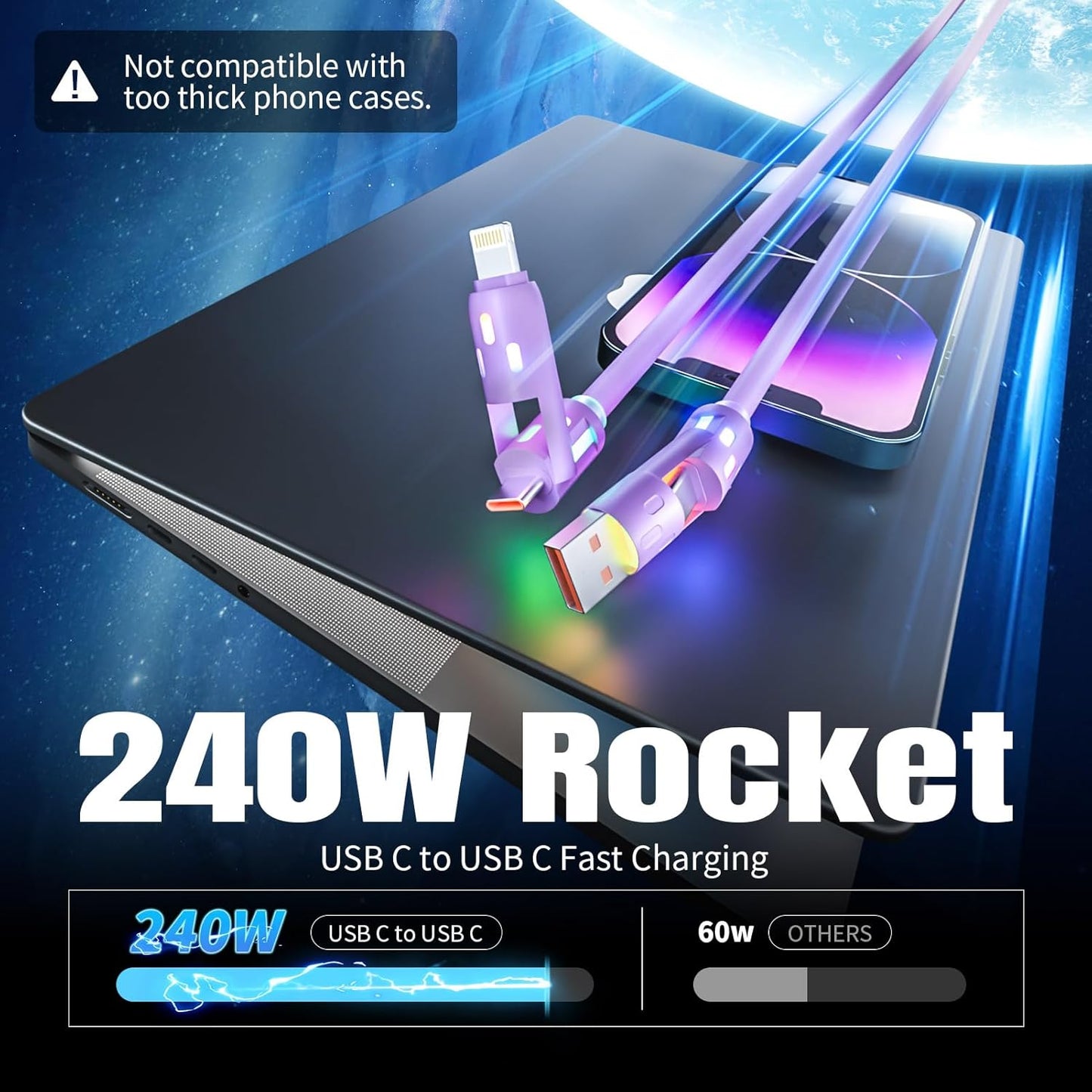 240W USB C Cable,4 in 1 Charging Cable Fast Charging & Data Sync, Multi USB Charging Cable with Breathing Light,Charger Cord for iPhone 16/15 14 13 iPad Samsung Galaxy MacBook iPad Tablets,Purple 5Ft