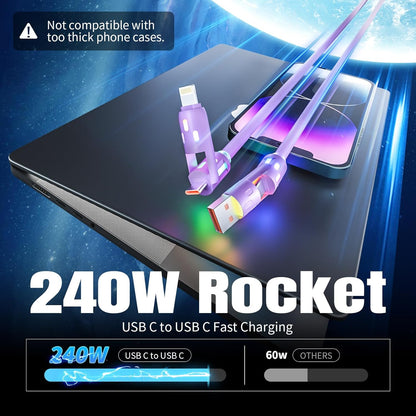 240W USB C Cable,4 in 1 Charging Cable Fast Charging & Data Sync, Multi USB Charging Cable with Breathing Light,Charger Cord for iPhone 16/15 14 13 iPad Samsung Galaxy MacBook iPad Tablets,Purple 5Ft
