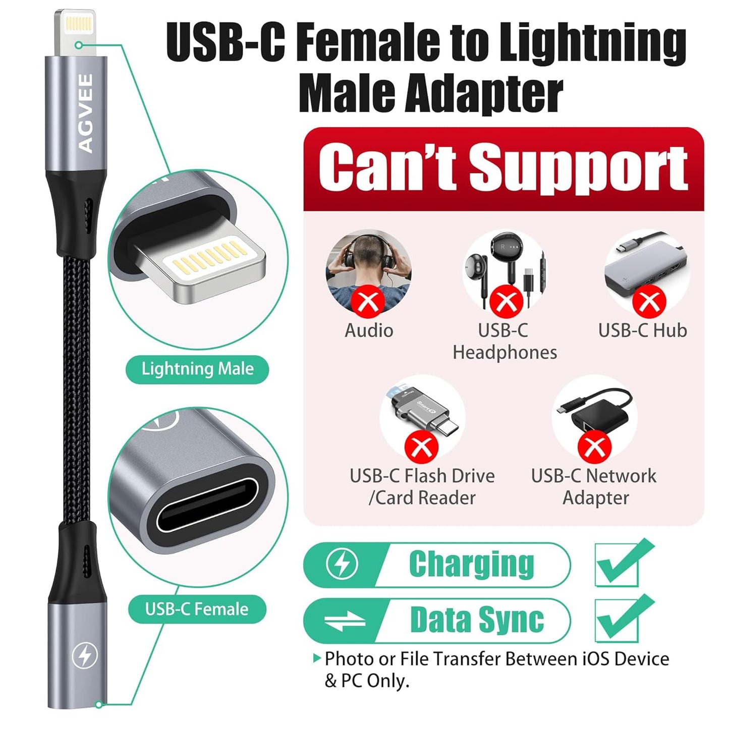 AGVEE 2 Pack 4 inch USB-C Female to Lightning Male Adapter, 30W Fast Charging Charger Converter for iPhone 14 13 12 11 Airpods iOS Device Carplay, Not for Audio, Dark Gray