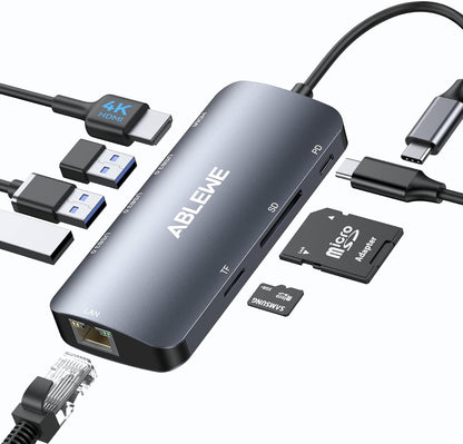ABLEWE USB C Hub Ethernet, 8 in 1 Multiport USB C to HDMI Adapter 4K@60Hz,1000Mbps, 100W PD, SD/TF Card Reader, 3 USB 3.0 Ports, Docking Station Compatible for MacBook, Tablet, Phone, Type C Devices