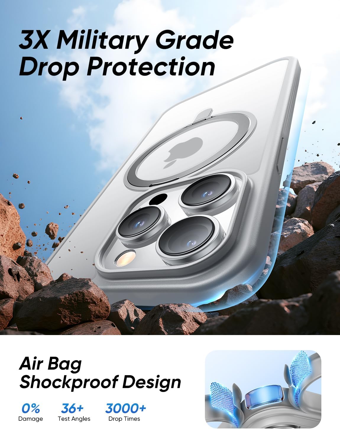 MAGIC JOHN 360° Rotatable Magnetic Invisible Stand for iPhone 14 Pro Case [Anti-Slip Grip] [Compatible with MagSafe] 16FT Shockproof for iPhone 14 Pro Case with Kickstand, Gray