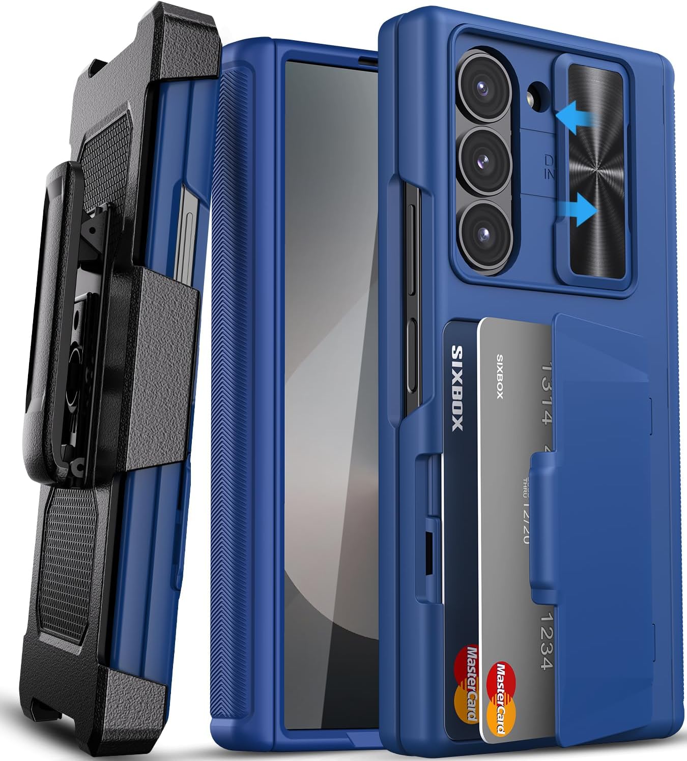 for Samsung Galaxy Z Fold 6 Case with Card Holder & Belt Clip & Slide Camera Cover, Built-in Hinge Protection & Screen Protector, Rugged Wallet Phone Cover Case for Z Fold 6 5G 2024, Blue