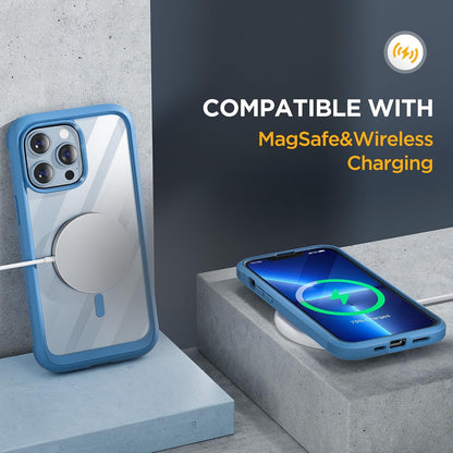 Miracase Magnetic Glass for iPhone 13 Pro Case,Compatible with MagSafe,Full-Body Protection Bumper with Shockproof Military-Grade,Built-in 9H Tempered Glass Screen Protector,Capri Blue