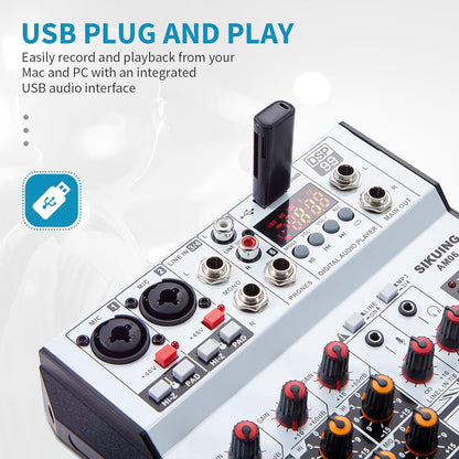 6 Channel Audio Mixer Professional Sound Board Console w/99 DSP Effects 48V Phantom Power Bluetooth USB Interface Stereo DJ Mixer Board for Karaoke Live Performance DJ Stage
