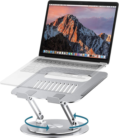 Lifelong Adjustable Laptop Stand with 360° Rotating Base, Ergonomic Computer Stand for Desk, Foldable & Portable Laptop Riser Holder Fits All MacBook, Laptops 10-16 Inches, Silver