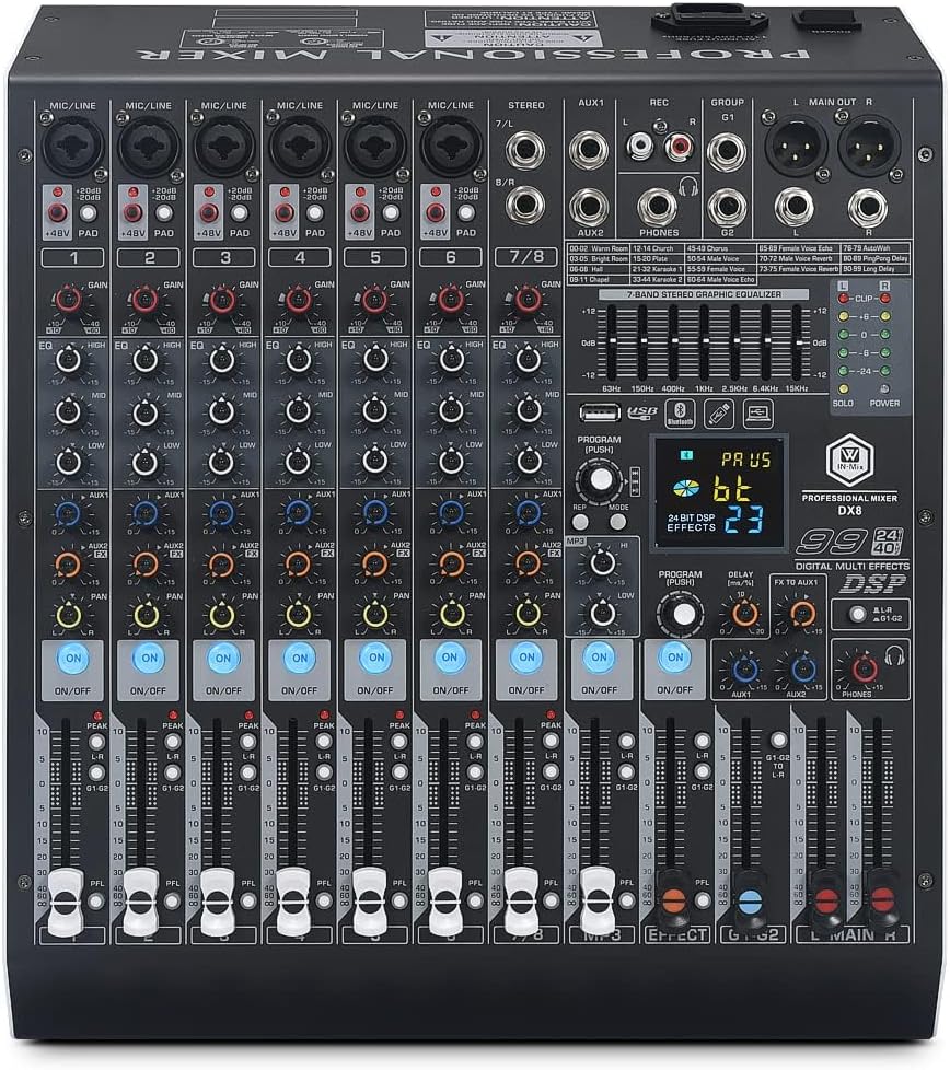 W IN-MIX DX8 Professional DJ Audio Mixer 8 Channel with 99 DSP Effects,7-band EQ,Independent 48V Phantom Power&Mute Button,Bluetooth Function,USB Interface Recording For Studio