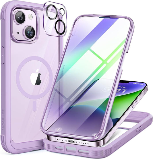 Miracase Magnetic for iPhone 14 Case 6.1", [Built-in Tempered Glass Screen Protector + Lens Protector] [Compatible with MagSafe] Full-Body Protective Bumper 14 Phone Cover, Purple