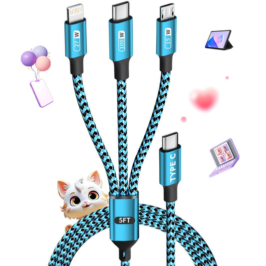 100W USB C Multi Charging Cable,3 in 1 USB C Cable Fast Charging with E-Mark Chip,Universal Charging Cable with Type-C, Micro USB,IP Port for iPhone16/15/Cell Phones and More