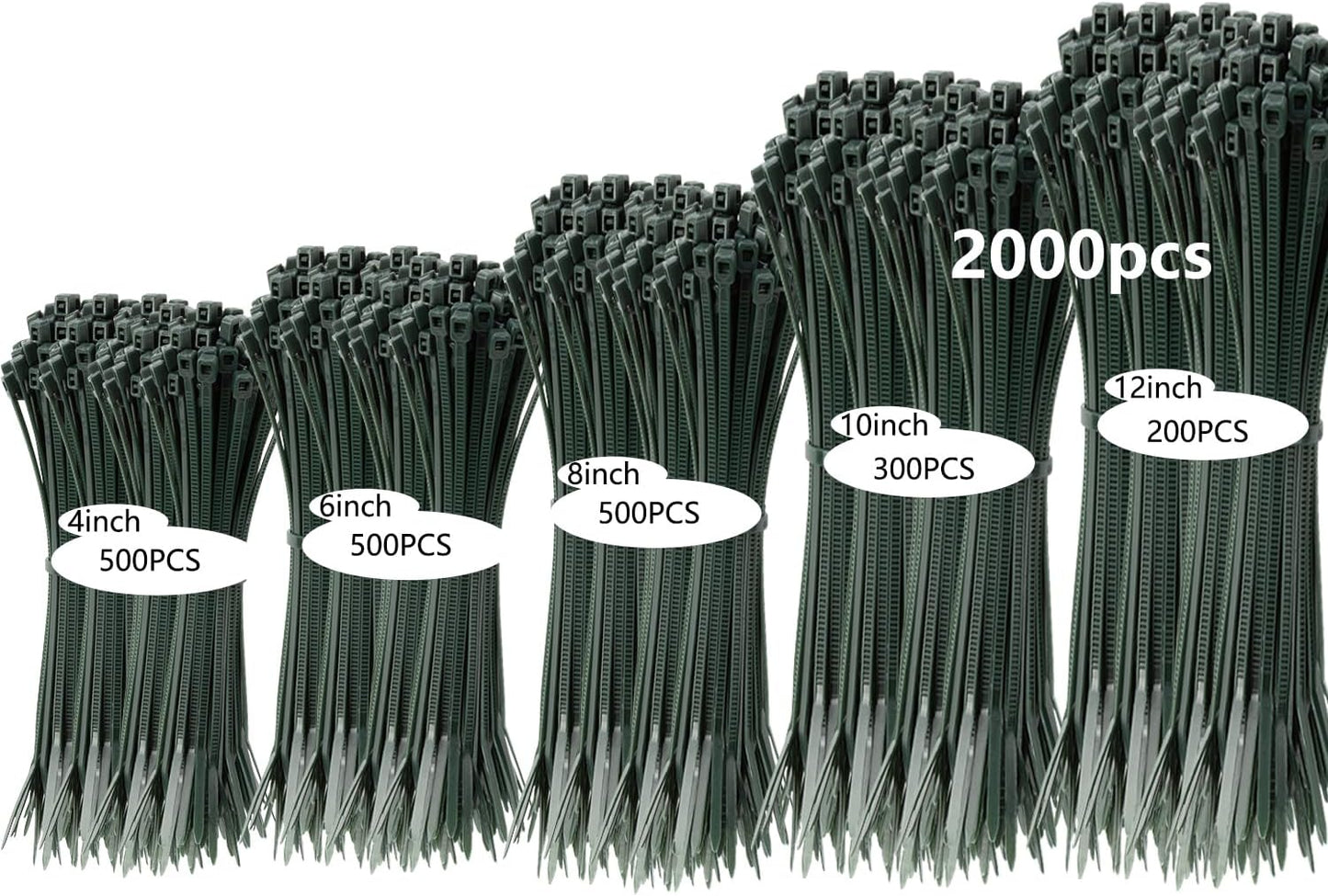 2000 PCS Zip Ties Assorted Sizes 4+6+8+10+12 Inch Self-locking Nylon Cable ties Outdoor, UV Resistant Wire Straps for Home Office Garden Workshop Indoor Outdoor Fence(garden green)