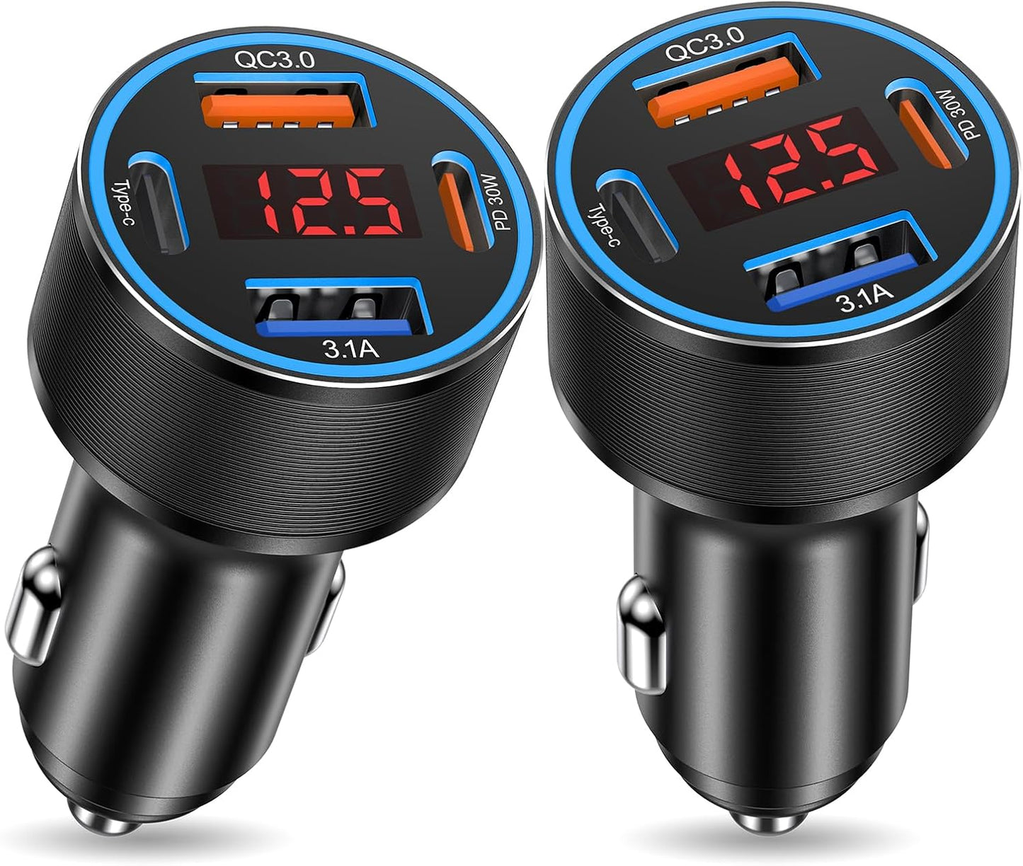 USB C Car Charger,2Pack 65W 4 Port Fast Charging Car Phone Charger with Voltage Display,Multi Port Cigarette Lighter Adapter USB Chargers for iPhone 16 15 14 13 Pro Max,Galaxy S25,iPad,Pixel,Android