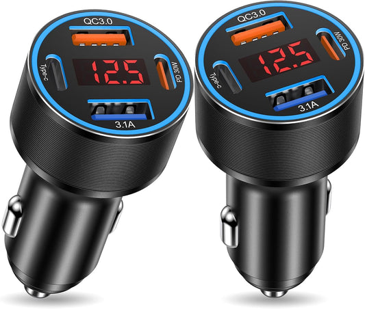 USB C Car Charger,2Pack 65W 4 Port Fast Charging Car Phone Charger with Voltage Display,Multi Port Cigarette Lighter Adapter USB Chargers for iPhone 16 15 14 13 Pro Max,Galaxy S25,iPad,Pixel,Android