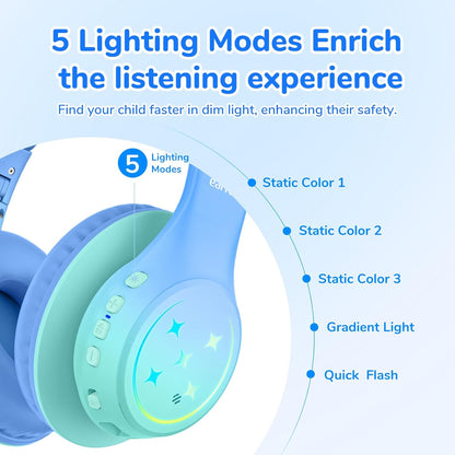 EarFun K4 Kids Bluetooth Headphones, Wireless Headphones with LED Lights, 74/85/94dBA Volume Limited, Built-in Mic, 90H Playtime, Bluetooth 5.4 Over Ear Headphone for iPad/Tablet/PC/School (Green)