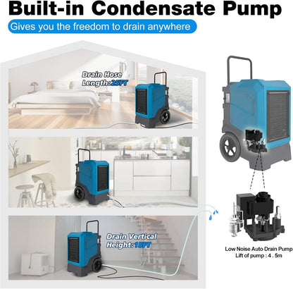 MOUNTO 310 Pints LGR Commercial Dehumidifier with Built-In Pump and Drain Hose – Portable, Heavy-Duty Dehumidifier with Wheels for Basements, Garages, Home, and Job Sites (Blue)