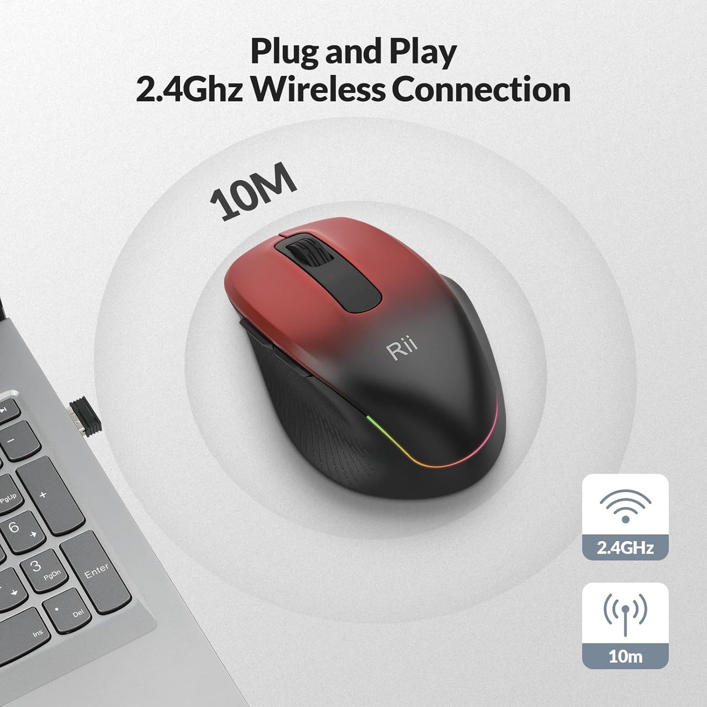 Rii Wireless Mouse Rechargeable, 2.4 GHz with USB Receiver, 1000/1200/1600 DPI, Ergonomic Grips, Silent Keys, Cordless Computer Mice for Laptop, PC, Desktop, Mac