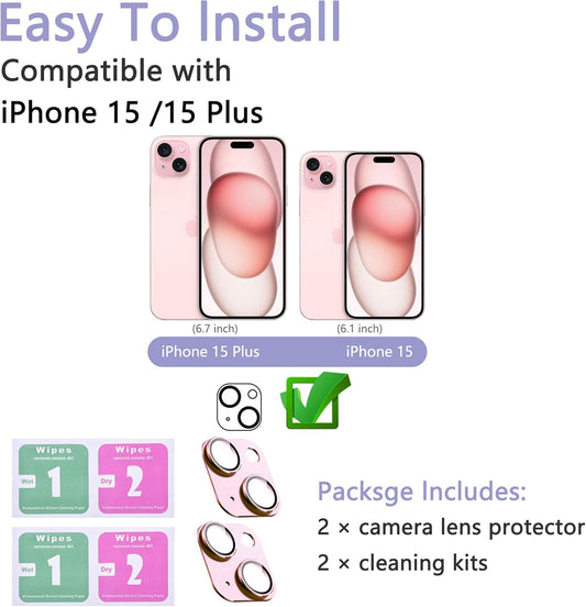2 Pack Camera Lens Protector for iPhone 15 / iPhone 15 Plus,[Not Easy to Breakn ] AR Tempered Glass Strong Adsorption Metal Camera Cover Screen-pink