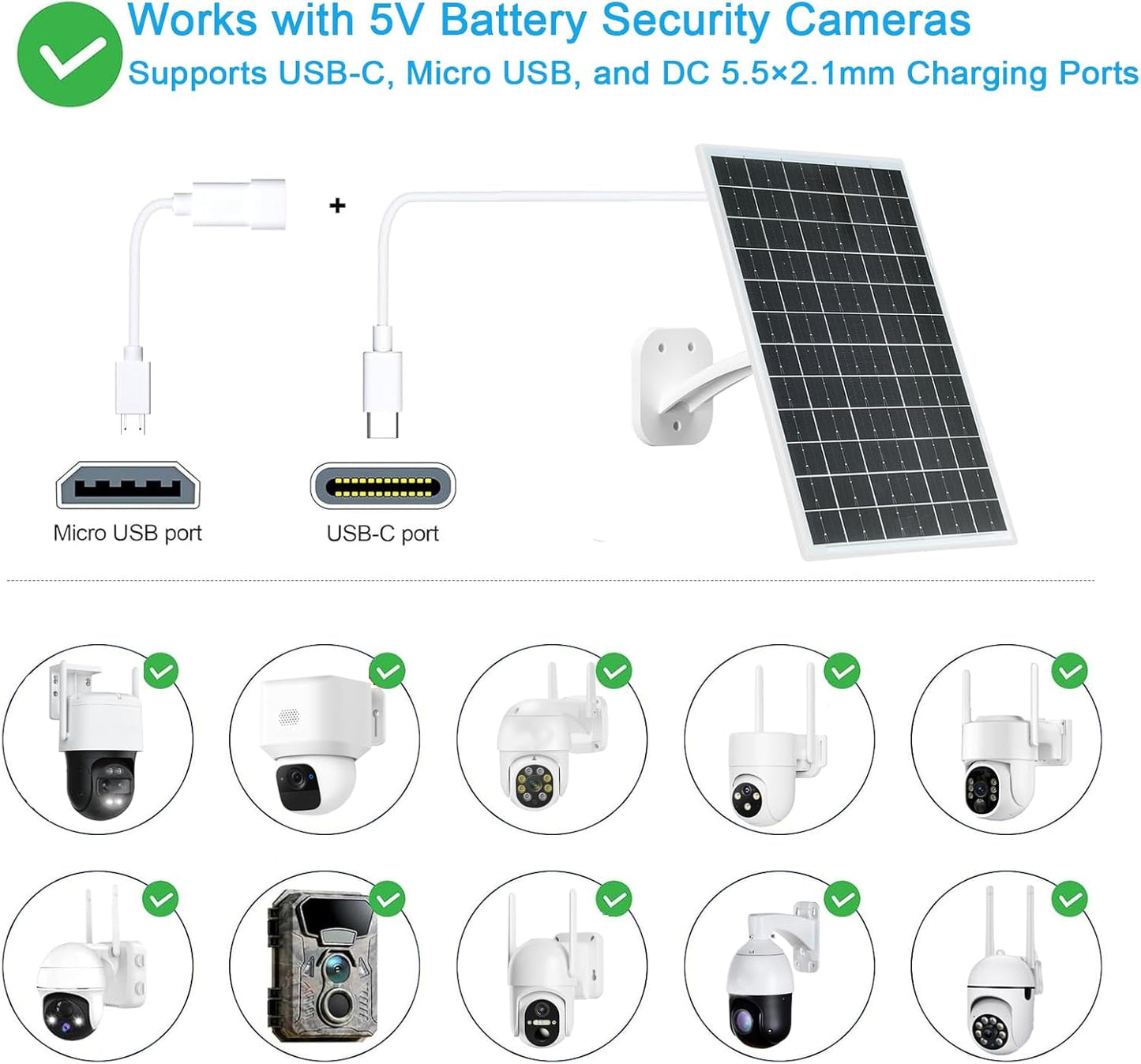 FUTUREZEN 13W Solar Panel for Security Cameras & Trail Cameras, USB-C, Micro USB & 5.5x2.1mm DC Output, IP66 Waterproof, 360° Adjustable Mount, 7.2FT Cable