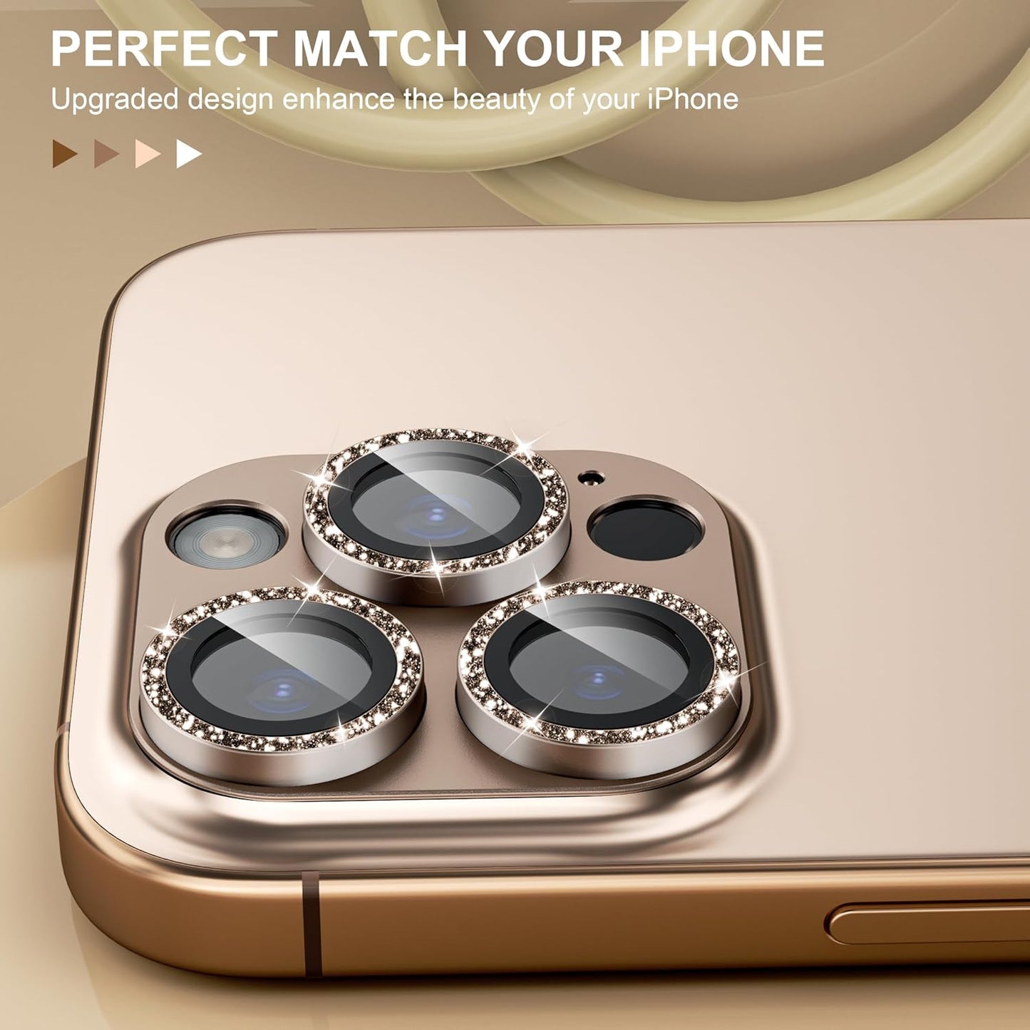 beuxece Compatible for iPhone 16 Pro/iPhone 16 Pro Max Camera Lens Protector, Bling Metal Tempered Glass Camera Screen Cover [Strong Adsorption][Case-Friendly]- Glitter Deep Titanium Desert