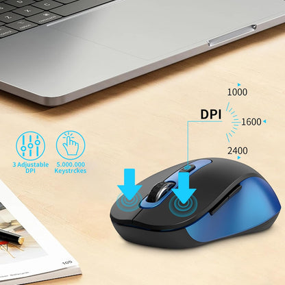 Wireless Mouse for Laptop, PC, Chromebook, Mac, MacBook, Silent Mouse with USB Nano Receiver, Side Button, 2400 DPI, Anti Slip Roller, 6 Button Ergonomics Cordless Computer Mice - Black Blue