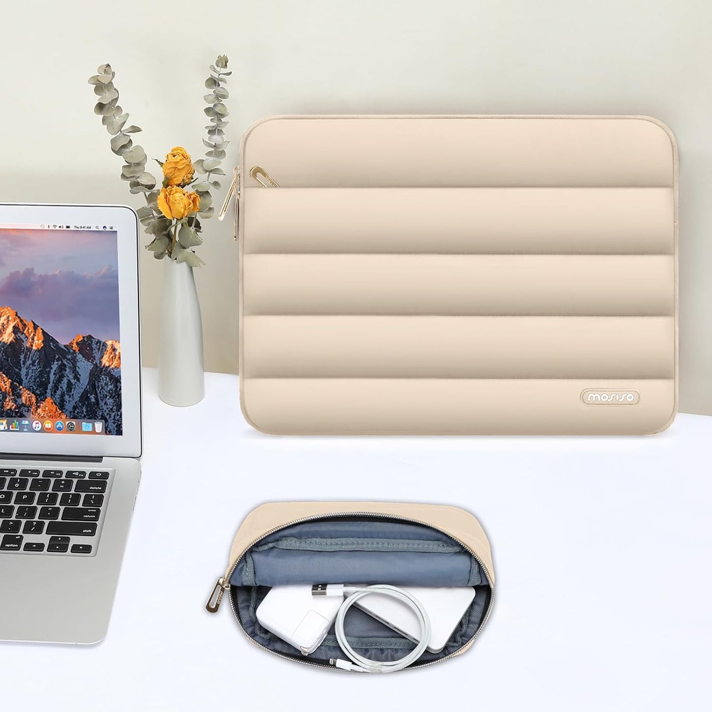 MOSISO 13.3 inch Laptop Case, 13-13.3 inch Puffy Laptop Sleeve Compatible with MacBook Air 13 13.6 M4 M3 M2 M1/Pro 13/Pro 14, HP Dell ASUS Lenovo,Polyester Horizontal Bag with Small Case, Apricot