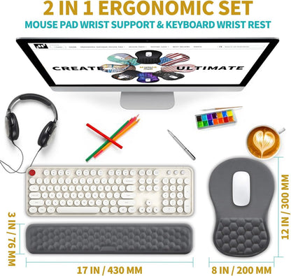 Hokafenle 2 in 1 Ergonomic Mouse Pad Wrist Support & Wrist Rest for Computer Keyboard Set, with Relieve Carpal Tunnel Pain Massage Bulge and Full Memory Gel Design (2In1 Set, Dark Gray)