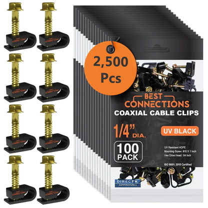 BEST CONNECTIONS Coaxial Cable Clips with Pre-Inserted Screw (2,500 Pack) – Black Single Cable Mounting Clamps for Coax Cable (RG6, RG59) and Ethernet Cable – Cord Fastener/Strain Relief Clip