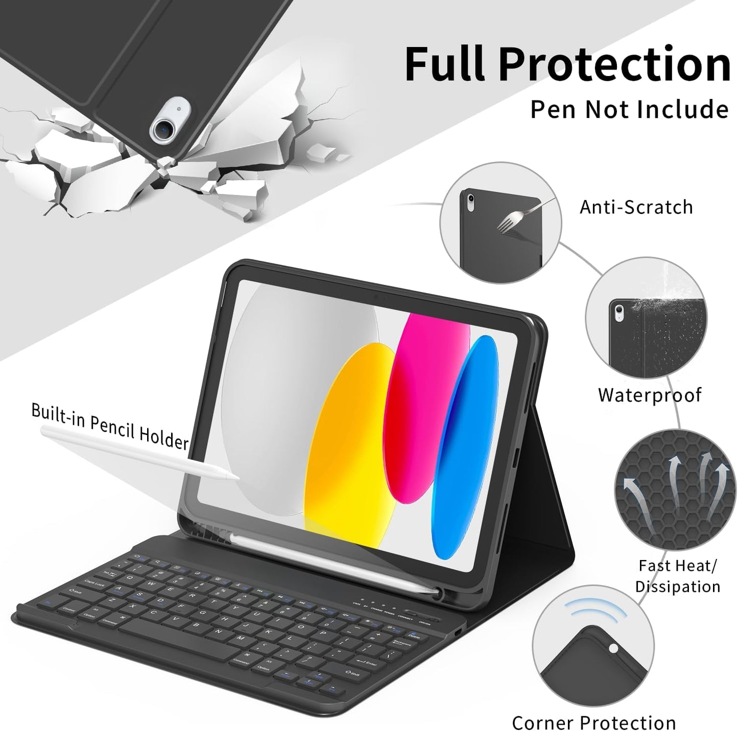 Keyboard Case Compatible for iPad 11th Generation (A16, 2025) and 10th 10.9 inch (2022), Wireless Detachable Keyboard with Premium Protective Cover with Pencil Holder for Apple iPad 2022 10.9 Inch