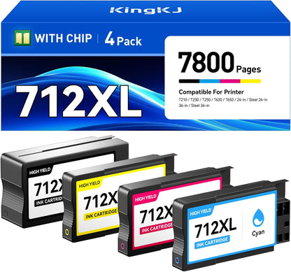 712 712XL Ink Cartridges Combo Set 4-Pack High Yield with chip Replacement for HP 712 712XL Ink Compatible with HP Designjet T650 T630 T230 T210 T250 Studio Plotter Printer (Black/Cyan/Magenta/Yellow)