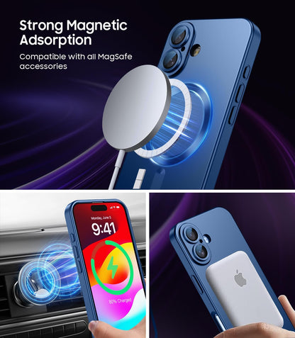 Magnetic for iPhone 16 Plus Case [Compatible with MagSafe][Built-in Camera Lens Protector] Slim Soft Silicone Bumper Shockproof Metallic Luster Phone Case (Blue)