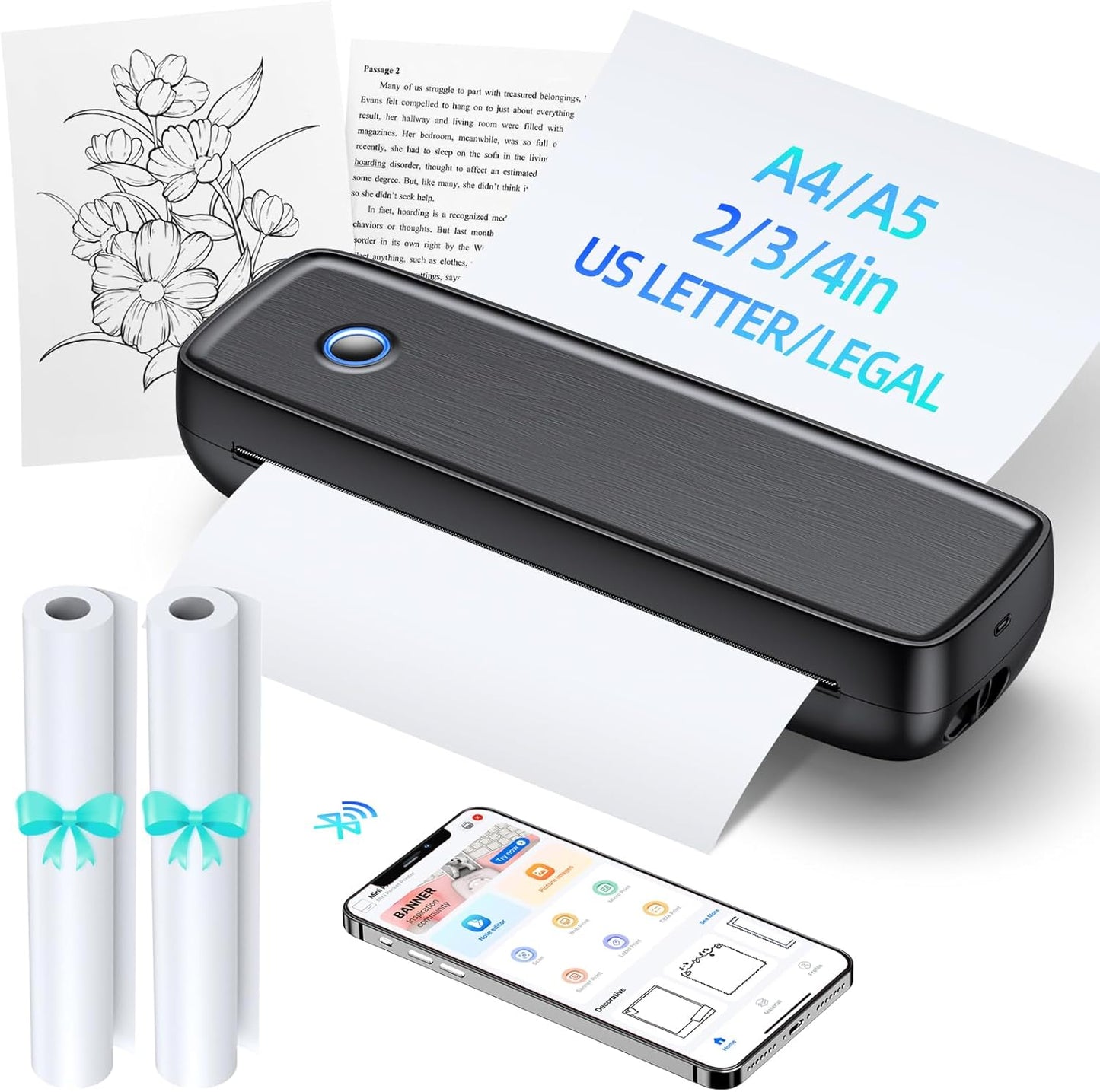 Aixiqee Portable Wireless for Travel - High Resolution Inkless Thermal Printer, 4200mAh Battery, Bluetooth & USB Compatible (A4, A5, 2/3/4", Letter, Legal) - Mini Printer for Stickers & Labels
