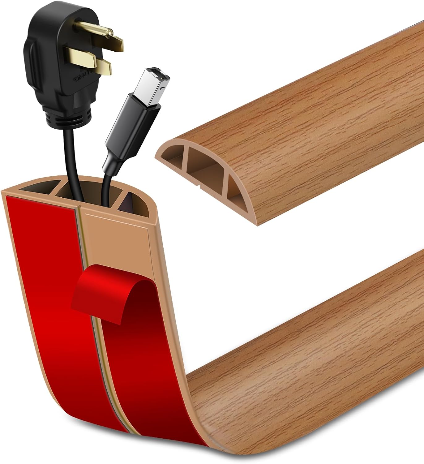 Floor Cord Cover Self Adhesive Cord Hider Floor Extension Cord Covers for Floor Power Cord Protector Cable Management Prevent Cable Trips Cable Cavity 0.59" W x 0.31" H (Light Brown Wood, 10Ft)