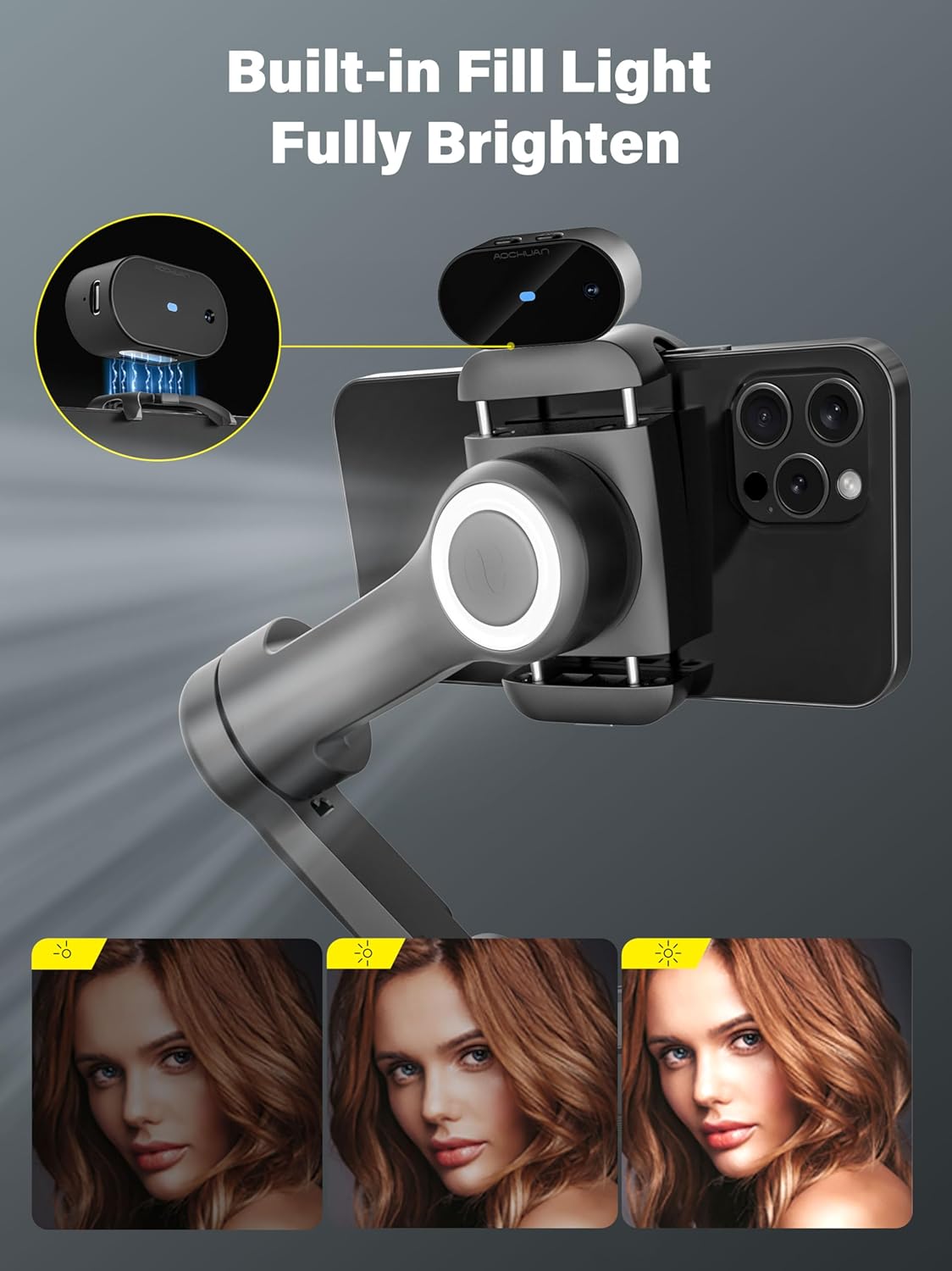 Smartphone Gimbal Stabilizer, 3-axis Stabilizer for iPhone&Android, AI Tracking Sensor(No App), Phone Gimbal w/OLED Screen/Built-in Light, AOCHUAN X Pro AI Version