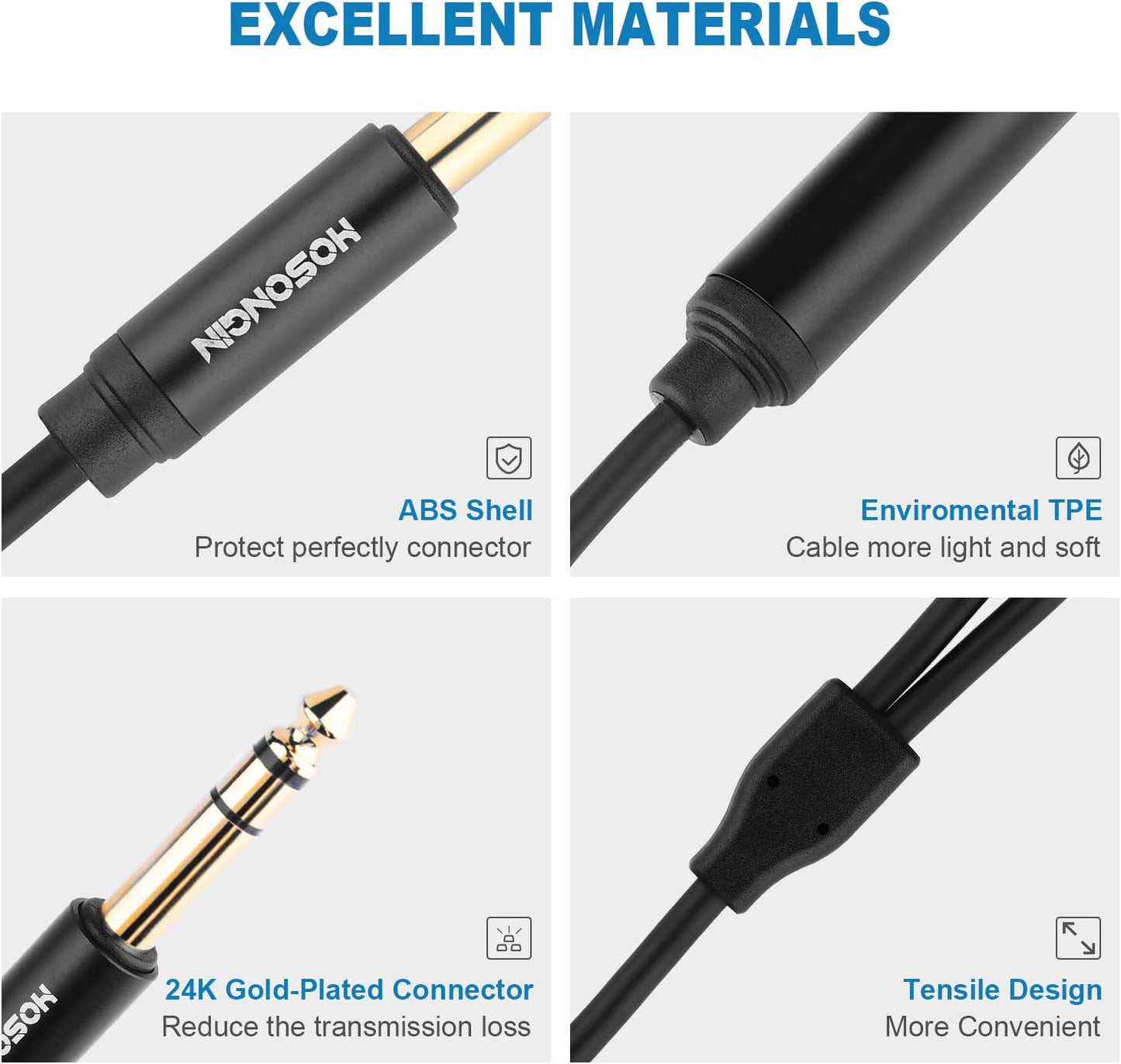 HOSONGIN 1/4 inch TRS to Dual 3.5mm Female Y Cable, 1.5ft, Black Copper Wire & Gold Plated Connectors, Compatible with Headphones