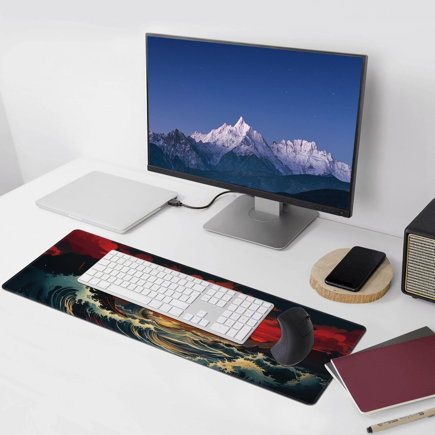 Japanese Sea Wave Large Mouse Pad,Gaming Keyboard Desk Pad,Extended Mouse Mat Non-Slip Rubber Base with Stitched Edges for Office Game Home XL 31.5"x11.8"