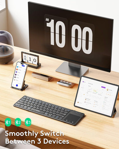 Samsers Foldable Bluetooth Keyboard with Touchpad, Full-Size Wireless Folding Keyboards with PU Leather, Support 3 Devices (BT5.1 x 3), Portable Travel Keyboard for iOS Android Windows Mac OS, Black