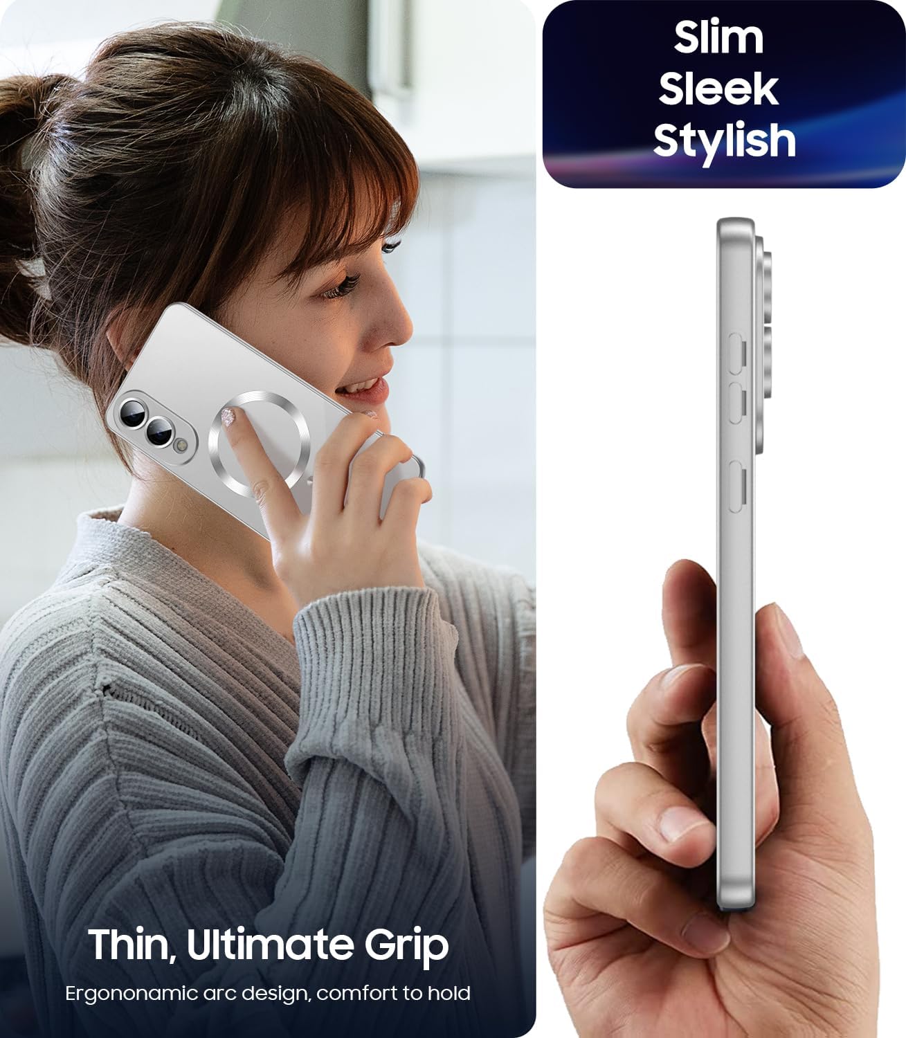 Magnetic for Samsung Galaxy S25 Edge Case [Compatible with MagSafe][Built-in Camera Lens Protector] Slim Soft Silicone Bumper Shockproof Metallic Luster Phone Case (Silver)