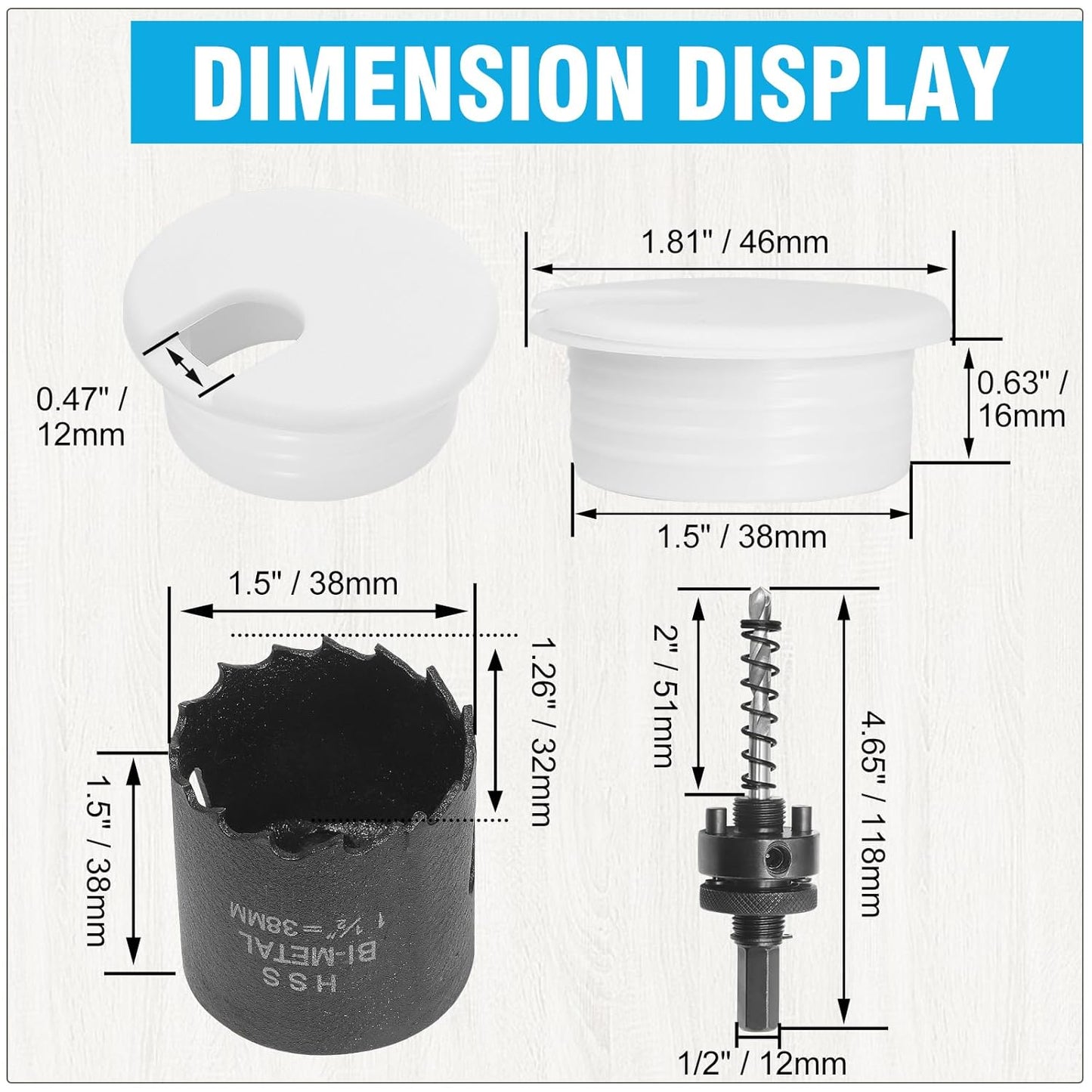1-1/2" White Desk Grommet with Bi-Metal Hole Saw, JTemgle Plastic Cable Hole Cover Computer Table Cord Wire Organizer Caps, Desktop Cord Management for Home Office TV Stands Tabletops, 7 Pieces