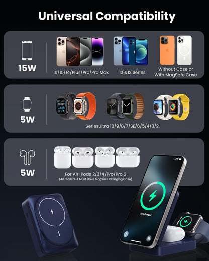 3-in-1 Wireless Charger Charging Station for iPhone, Qi2 Certified 15W Fast Charging Foldable Magnetic Charger Stand with 30W USB C Adapter for MagSafe iPhone 16/15/14/13/12, Apple Watch, AirPods